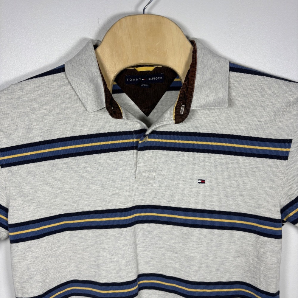 Tommy Hilfiger Mens XL Gray Striped Polo Shirt Corduroy Trim Short Sleeve